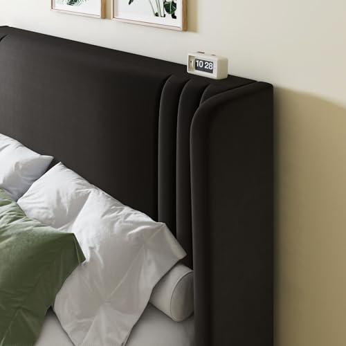 Allewie Full Size Velvet Platform Bed Frame with Vertical Tufted Wingback Headboard, Easy Assembly, Under Bed Storage, No Box Spring Required, Modern Style, Black Allewie