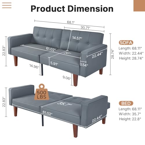 Zevemomo Futon Sofa Bed Leather Futon Couch Loveseat, Convertible Recliner Lounge with Adjustable Backrest, Foam and Spring Cushions for Living Room Apartment Office, PU Leather, Dark Gray Zevemomo