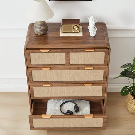 RUSTYER Mid Century Modern Dresser for Bedroom with 4 Drawers, 35" Tall Chest of Drawers with Natural Linen, Curved Wood Dresser Closet Clothes Storage Organizer for Living Room, Hallway((Walnut) RUSTYER