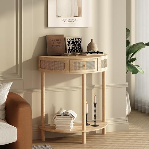 Wnutrees Rattan Half Moon Console Table, Modern Entryway Table with Drawer, Boho Sofa Table with Bottom Storage Shelf, Small Semicircular Tables for Hallway, Living Room, Natural Wnutrees