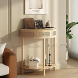 Wnutrees Rattan Half Moon Console Table, Modern Entryway Table with Drawer, Boho Sofa Table with Bottom Storage Shelf, Small Semicircular Tables for Hallway, Living Room, Natural Wnutrees