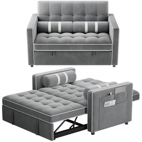 Marsail 3-in-1 Convertible Futon Sleeper Sofa Bed, Pull Out Couch with Adjustable Backrest, USB Charging & Side Pockets, Velvet Fabric Sofa for Living Room, Apartment, Loveseat, Grey Marsail