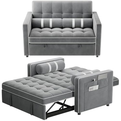 Marsail 3-in-1 Convertible Futon Sleeper Sofa Bed, Pull Out Couch with Adjustable Backrest, USB Charging & Side Pockets, Velvet Fabric Sofa for Living Room, Apartment, Loveseat, Grey