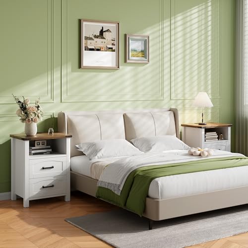 Decofy Farmhouse Nightstand Set of 2 with Charging Station, 18'' Wide Rustic End Table with USB/Type-C Ports, 2 Drawers & Open Shelf, Wood Bedside Table for Bedroom, White Decofy