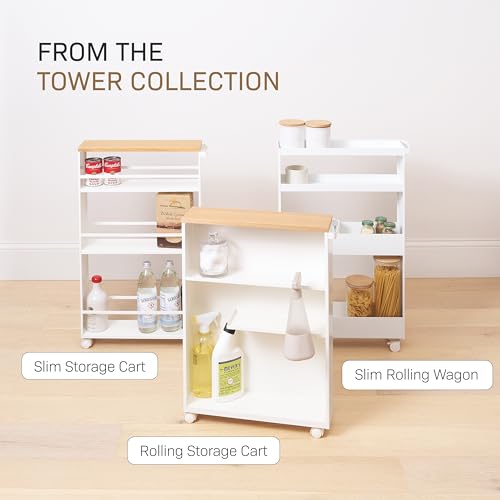 YAMAZAKI Home Slim Rolling Storage Cart – Narrow Bathroom Storage Cabinet with Handle, Slim Bathroom Storage Cart with Wheels, Easy Assembly, Steel + Wood, White YAMAZAKI