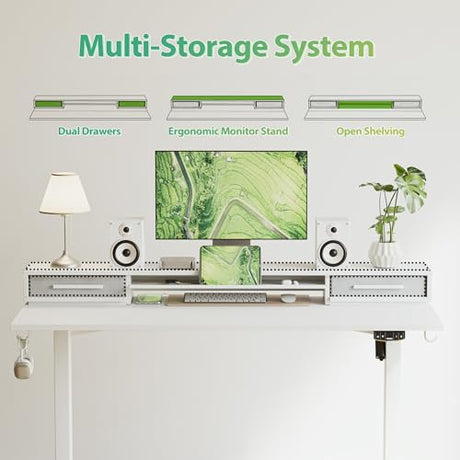 Agilestic 48 Inch Electric Standing Desk with Drawers, Adjustable Desk with Storage Shelf, Stand Up Home Office Computer Table, Splice Board, White Agilestic