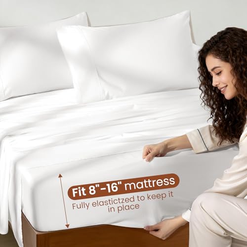 REDASW 100% Egyptian Cotton Sheet Set 4 Pcs Queen Size Sheets 1000 Thread Count Breathable Soft Bedding Set Fitted Sheet with 16" Deep Pocket (Queen, White) REDASW