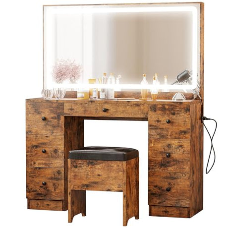 IRONCK Vanity Desk Set with Large LED Lighted Mirror & Power Outlet, 7 Drawers Vanities Dressing Makeup Table with Storage Bench, for Bedroom, Industrial Style Vintage Brown IRONCK