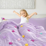 HOMBYS Pom Poms Bedding Comforter Set for Girls, 5 Piece Purple Boho Kids Comforter Set for All Season，Twin/Twin XL Size HOMBYS