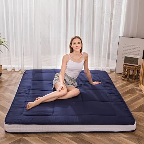 MAXYOYO Futon Mattress, Padded Japanese Floor Mattress Quilted Bed Mattress Topper, Extra Thick Folding Sleeping Pad Breathable Floor Lounger Guest Bed for Camping Couch, Navy, Full MAXYOYO
