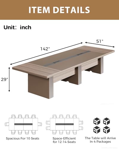 Nuipesn 12FT Rectangular Conference Table (142" x 51"), Extra Wide Boardroom Meeting Table for 12-14 People, Dual Cable Management Grommets, 1.6" Thick Top, Light Oak & Gray Nuipesn