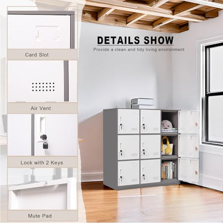 FURSTEL Student Locker Organizer, Multi-Door Steel Locker, Small Locking Cabinet Storage Organizer, Office File Cabinet, Home Locker, Gym Locker, Metal Storage Locker (9 Door, Grey & White) FURSTEL