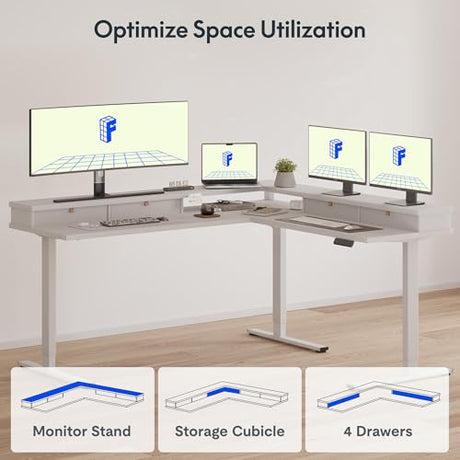 FLEXISPOT 63" L Shaped Standing Desk with Shelf Electric Corner Table, Drawers, Adjustable Computer Workstation for Home, Office,63x55in, White Top + White Frame FLEXISPOT