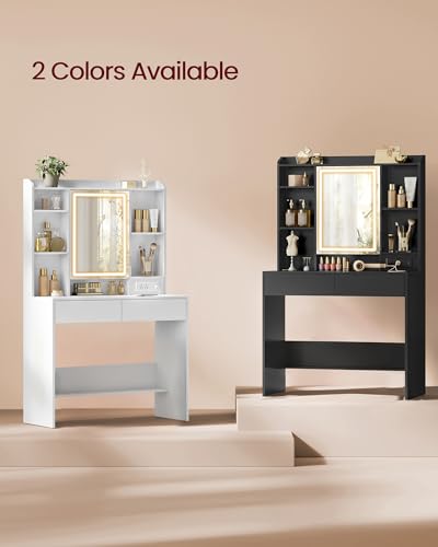 VASAGLE Kailyn Collection - Vanity Desk with Power Outlets, Makeup Vanity with Mirror and Lights, LED Lights, 6 Compartments, 2 Drawers, for Bedroom, Cloud White URDT031WB02S VASAGLE