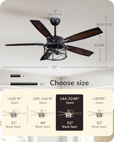 EDISHINE 52 Inch Farmhouse Ceiling Fans With Lights, Rustic Ceiling Fan With Light and Remote, 5 Wood Blades Ceiling Fan with Timer, 6 Speeds Reversible DC Motor for Bedroom, Patio, Porch EDISHINE