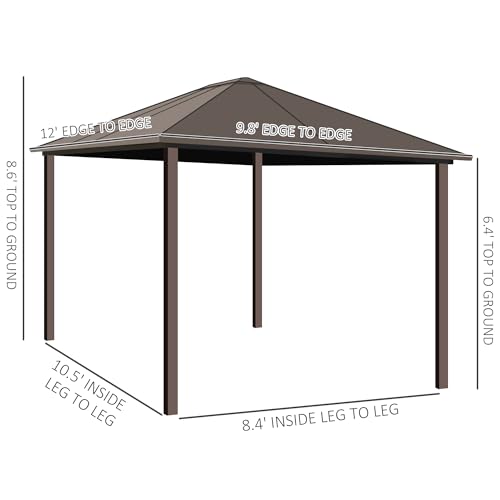 Outsunny 10' x 12' Hardtop Gazebo with Curtains and Netting, Permanent Pavilion Metal Single Roof Gazebo Canopy with Aluminum Frame and Hooks, for Garden, Patio, Backyard, Brown Outsunny