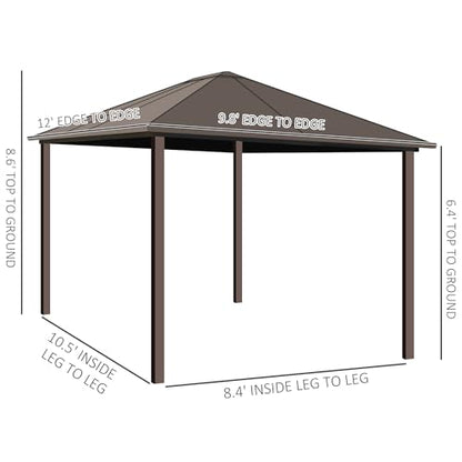 Outsunny 10' x 12' Hardtop Gazebo with Curtains and Netting, Permanent Pavilion Metal Single Roof Gazebo Canopy with Aluminum Frame and Hooks, for Garden, Patio, Backyard, Brown