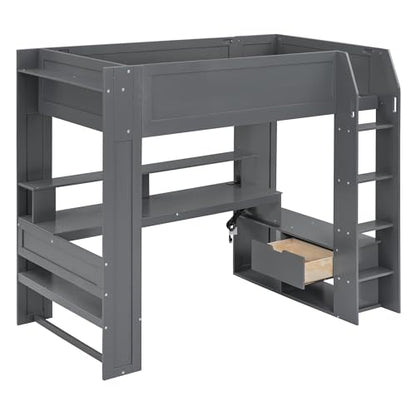 SOFTSEA Dark Grey Twin Gaming Loft Bed with Integrated Desk and Storage - WoodArtSupply