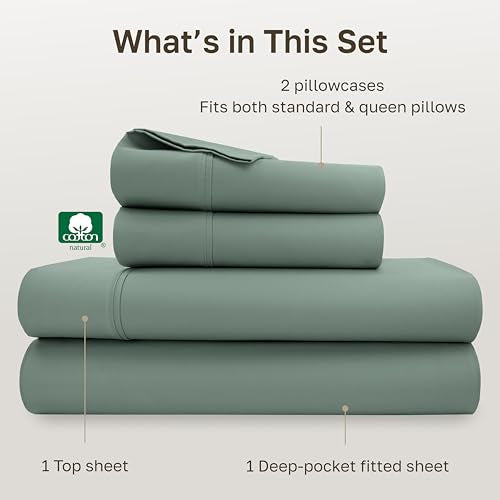 California Design Den Queen Sheet Set - Soft 400 Thread Count Sateen, Natural 100% Cotton Sheets, Deep Pockets with All Around Elastic for a Snug Fit, Durable Bedding Set - Sage Green California Design Den