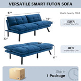 SoarFlash 67 Inch Futon Double Sofa Bed, 2 in 1 Velvet Loveseat Sofa with Adjustable Backrest for Living Room Bedroom Office Apartment Compact Couch(Blue) SoarFlash