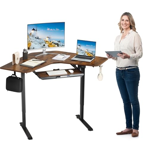 ETHU Electric L-Shape Standing Desk with Keyboard Tray, Height Adjustable 29-42 inches, Modern Style, Brown, For Home Office, Gaming, Work ETHU