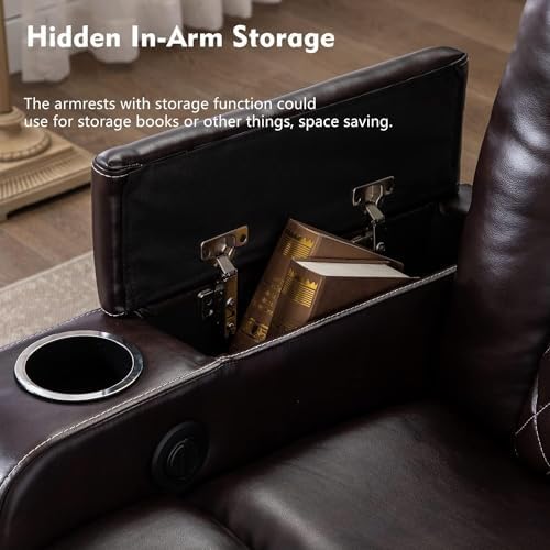 CANMOV Electric Power Recliner Chair Set of 2, Breathable Leather Home Theater Seating with Hidden Arm Storage, Power Recliner Chair for Living Room with USB Ports and Cup Holders,Brown CANMOV