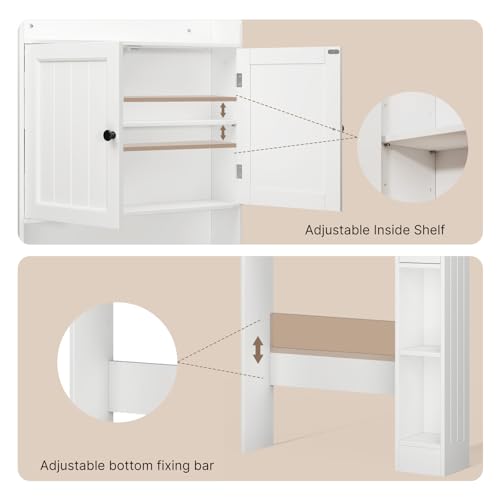 Ahomly Over The Toilet Storage Cabinet, 32.3" W x 70.3" H Over Toilet Bathroom Organizer with Doors, Adjustable Shelves, Toilet Paper Holder, 2 Side Hooks, Space-Saver for Bathroom, Laundry, White Ahomly