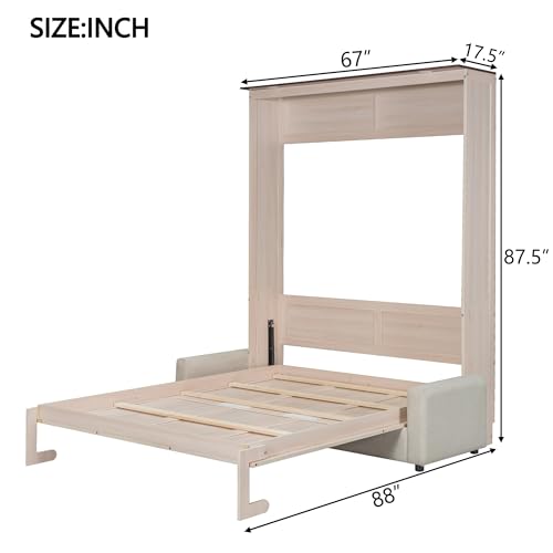 SOFTSEA Queen Size Murphy Bed with Sofa, Hidden Wall Bed Cabinet with LED Lights, Space-Saving Foldable Murphy Bed Frame for Guest Room Bedroom Home Office, Beige SOFTSEA