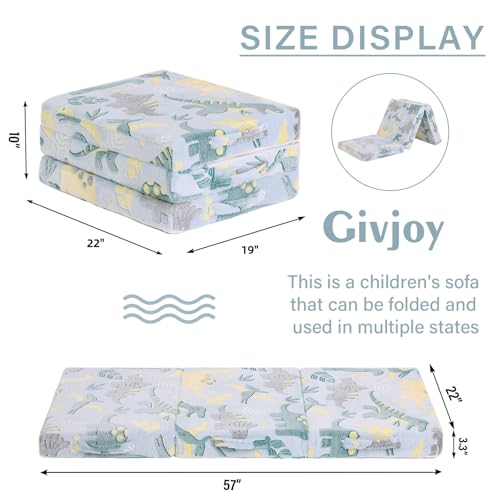 Givjoy Foldable Floor Mattress for Kids, Glow in The Dark Dinosaur Toddler Washable Tri Folding Floor Mat for Nap Daycare, Child Trifold Futon Sofa Bed with Storage Bag for Playroom Girls and Boys Givjoy