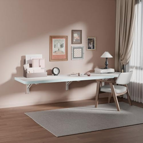 IAE Wall Mounted Folding Table with Pine Wood,55" x 16" Floating Wall Desk,Laundry Folding Table with Shelf Brackets,Fold Down Desk Shelf,Folding Workbench for Home,Dining,Laundry Room,Kitchen,White IAE