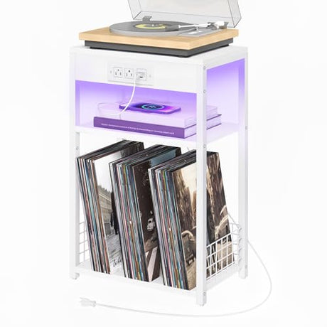 LELELINKY White Night Stand with Charging Station and LED Lights, Record Player Stand with USB Port and Type-C Port, 3 Tier Side Table with Vinyl Storage Shelf, End Tables for Bedroom Small Spaces LELELINKY