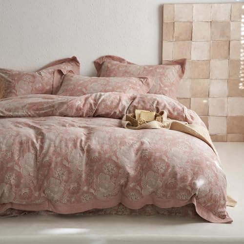 VM VOUGEMARKET Blush Pink Flower Duvet Cover Set Queen,3 Pieces Retro Jacquard Pink Floral Bedding Set,Linen Cotton Yarn-Dyed Textured Duvet Cover with Zipper Closure VM VOUGEMARKET