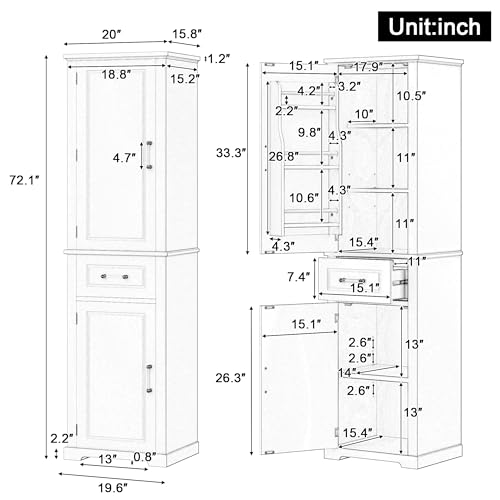 Pasirou 72" Tall Narrow Storage Cabinet with 2 Doors and One Drawer, Modern Freestanding Pantry Organizer with Adjustable Shelf and Door Shelves for Bathroom, Home Office, Kitchen, White Pasirou