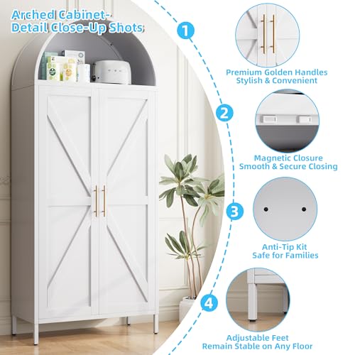 GangMei Metal 72" H Arched Pantry Cabinet with 6 Adjustable Shelves,White Arched Cabinet with 2 Doors for Kitchen Living Room,Required Assembly GangMei