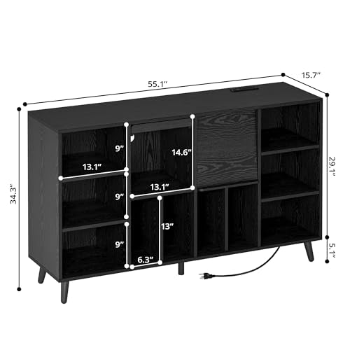 IRONCK Large Record Player Stand 55", Holds 600+ Vinyl Record Storage Cabinet with Charging Station, Mid Century Modern Turntable Stand for Living Room, Bedroom, Black IRONCK