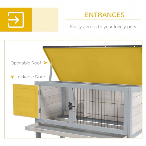 PawHut Elevated Wooden Rabbit Hutch, Indoor/Outdoor Bunny Cage with Hinged Asphalt Roof and Removable Tray for Guinea Pig, Gray - WoodArtSupply