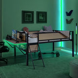 Single Game Bed Metal Full Loft Bed with Rectangular Desk, LED Lights, LED loft Bed Frame Double Bed with Storage Shelves and Hanging Storage Compartments, Safety Guard and Ladder, Rattang(Natural) JIJIWANG