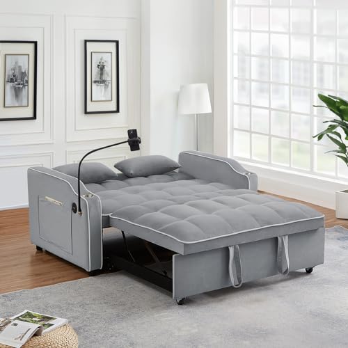 Pull Out Sofa Bed with Phone Holder, Convertible Velvet Loveseat Sleeper with 2 USB Charging Ports, Modern Futon Couch with Cup Holders and Adjustable Backrest, Love Seat for Living Room, Light Grey