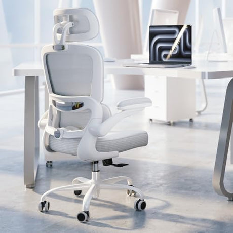 TRALT Ergonomic Office Chair - Desk Chair with Adjustable Headrest Lumbar Support Computer Chair - Mesh Comfy Chair with Flip-up Armrests - Gaming Chairs for Adults Home Office (Leather, White) TRALT