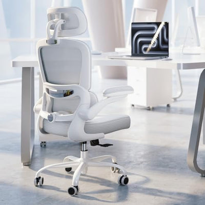 TRALT Ergonomic Office Chair - Desk Chair with Adjustable Headrest Lumbar Support Computer Chair - Mesh Comfy Chair with Flip-up Armrests - Gaming Chairs for Adults Home Office (Leather, White)