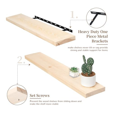 Marsmiles 36 Inch Floating Shelves Wood Unfinished, Natural Wooden Floating Shelves for Wall Set of 2, Solid Wood Wall Mounted Shelves for Bathroom Marsmiles