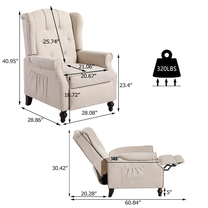 Mid-Century Wingback Recliner Chair with Massage & Heat, Accent Recliner with Nailhead Trim, Armchair with Side Pockets & Solid Wood Legs, Adjustable 3-Position Reclining Chair for Living Room, Beige GUEAPY