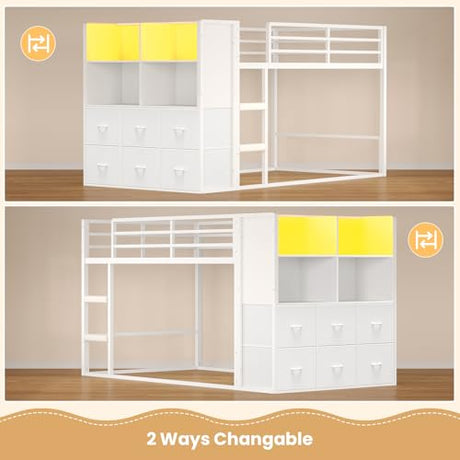 BTHFST Bunk Bed Twin Over Twin with 6 Large Fabric Drawers & 4 Wooden Storage Bookshelf Organizer, Metal Low Bunk Bed for Kids with LED Lights & Safety Ladder and Guardrail, Space Saving BTHFST