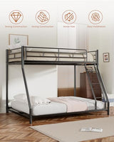 Miscoos Metal Twin Over Full Bunk Bed, Heavy Duty Bunk Beds with Safety Guardrail and Ladder, Noise Reduction, No Box Spring Needed, Black Miscoos