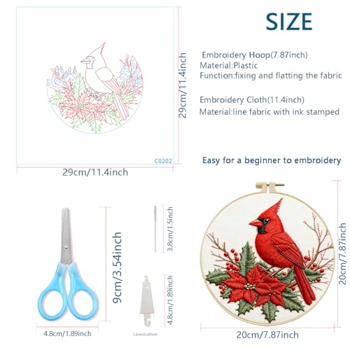 Zhenqing Red Bird Embroidery Kit for Beginners, Pre-Printed 29x29cm Cotton Fabric with 20cm Hoop, Vibrant Holly and Berries Winter Design (C0202)