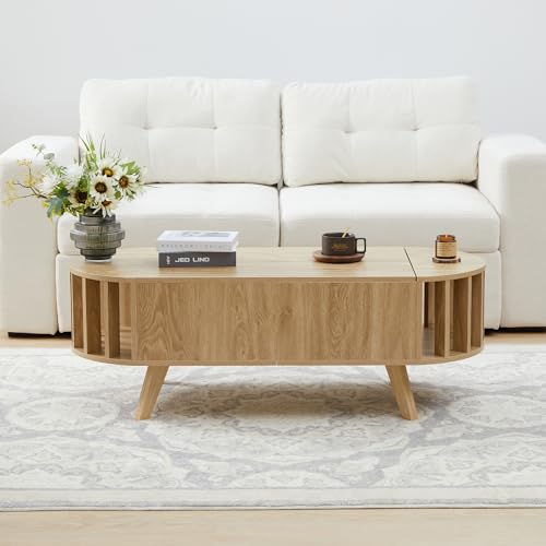 Janmer Home 47.3" Lift Top Coffee Table with Hidden Storage, Small End Table with Curved Edge Design, Oval Center Table with Lift Tabletop for Living Room, Office (Natural) - WoodArtSupply