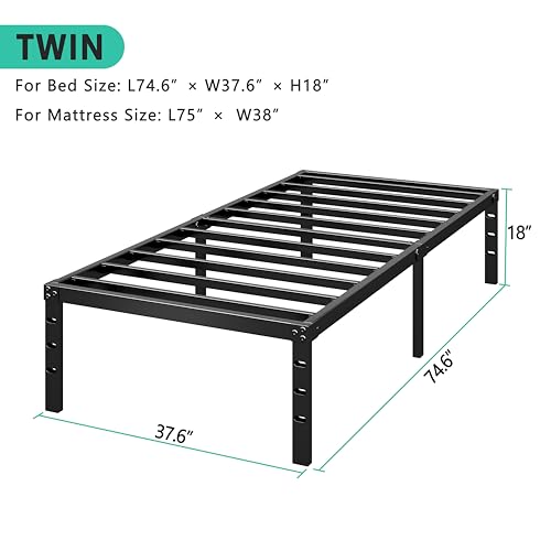 HLIPHA Metal Platform Bed Frame 18 Inch Tall,No Box Spring Needed,Twin Size Bed with Heavy Duty Strong Support Slats,Easy to Assemble,Black HLIPHA