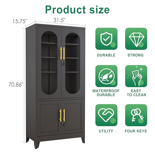 Lusiwry 71”H Metal Storage Cabinet with Lock Glass Doors and Shelves,Steel Garage File Cabinets, Kitchen Pantry Cabinet Tall Locker Organizer for Home, Office, Warehouse,Tool（Black） Lusiwry