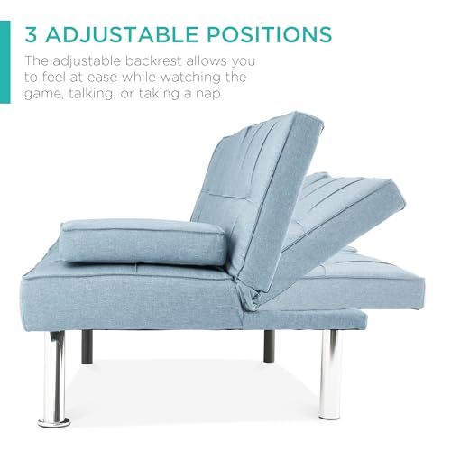 Best Choice Products Linen Modern Folding Futon, Reclining Sofa Bed for Apartment, Dorm w/Removable Armrests, 2 Cupholders - Light Blue Best Choice Products