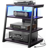 AV Media Stand with Outlets, Stereo Stands and Racks with Vinyl Storage, Stereo Stand with Record Storage, Audio Stereo Rack Cabinet, Turntable Console Stand with LED lights, 4 Tiers, Black Ebony Besiost